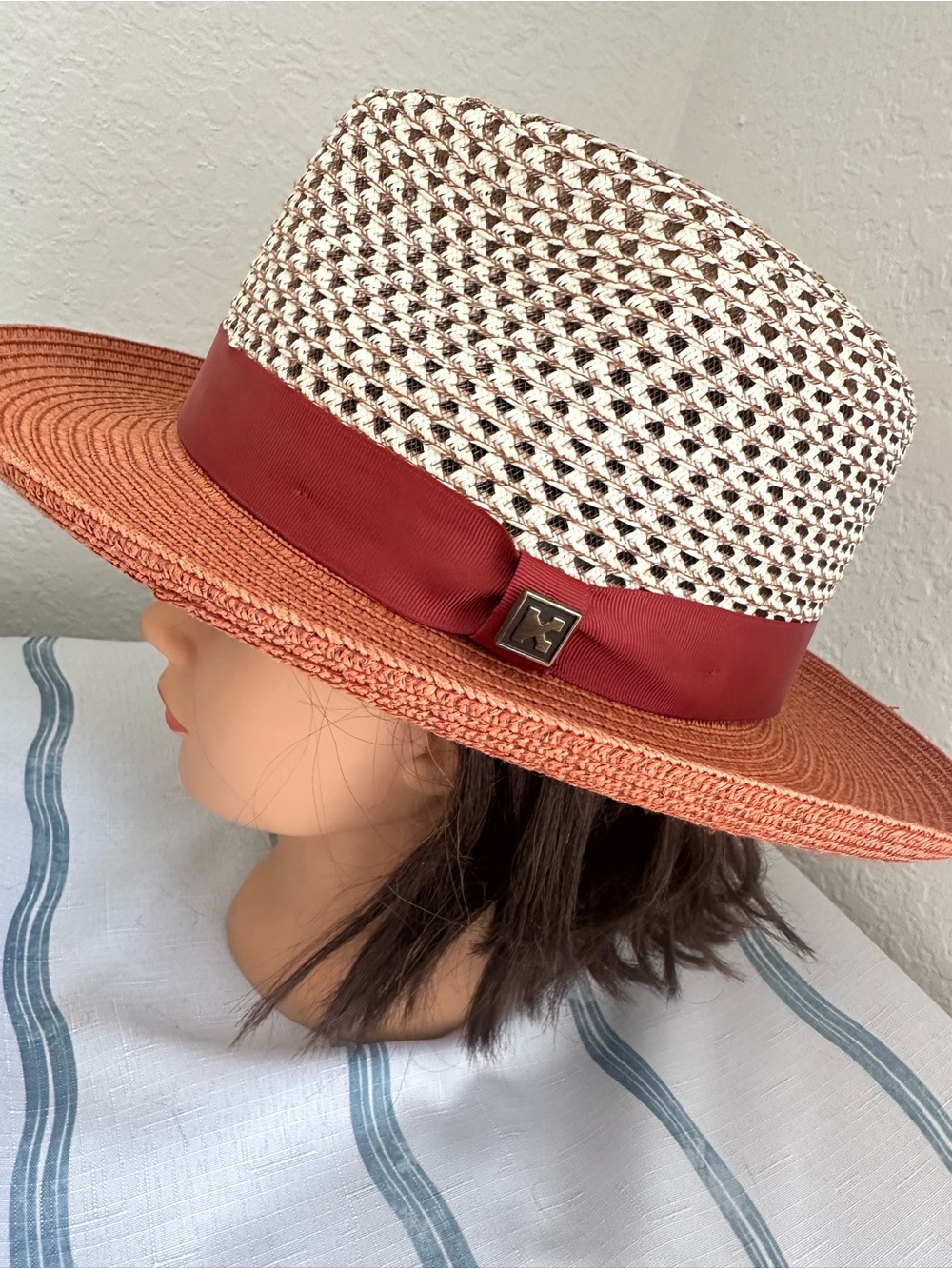 Textured Two-Tone Straw Sun Hat in Rust and Natural